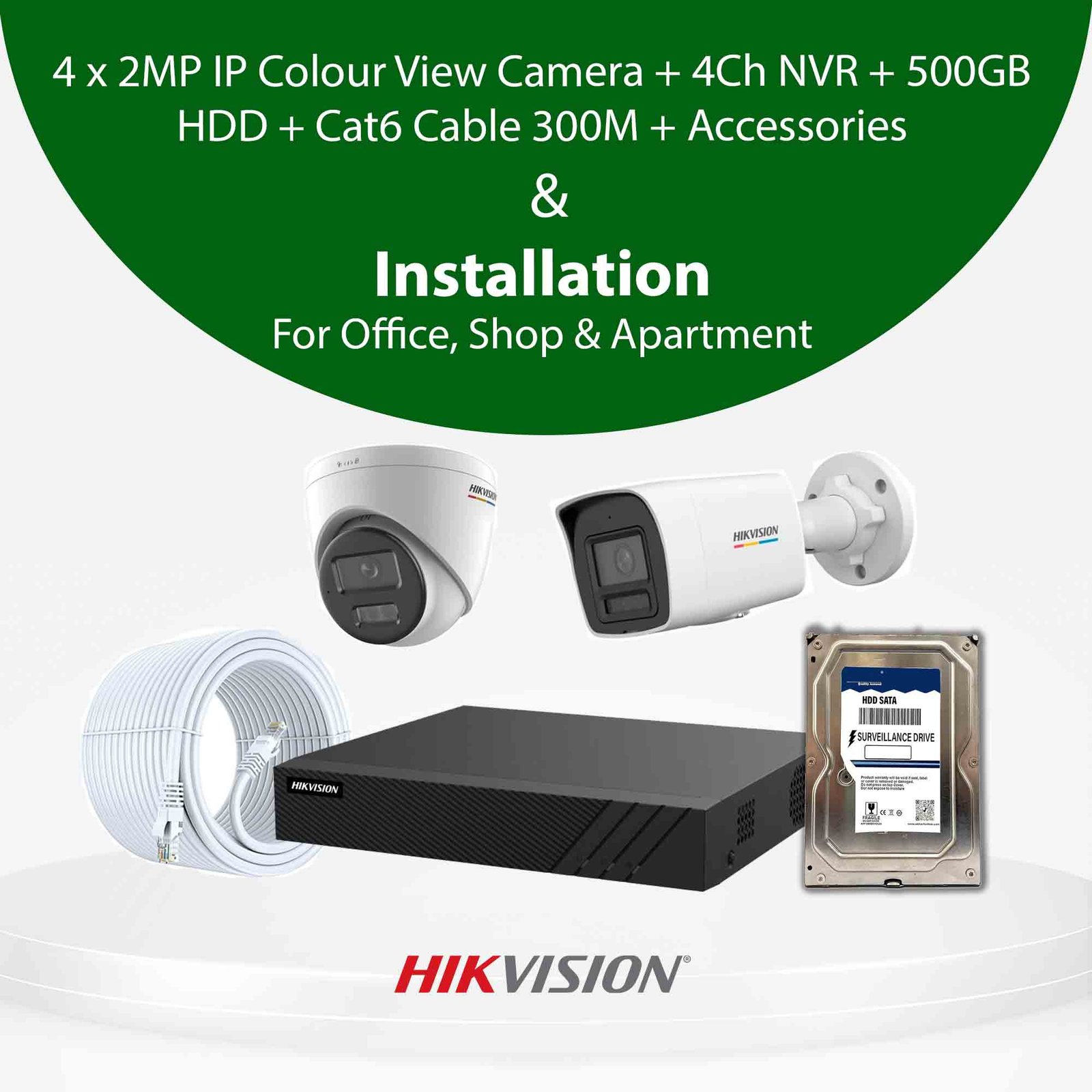 2MP ColorVu IP CCTV Camera With Installation for Office, Shop & Apartment