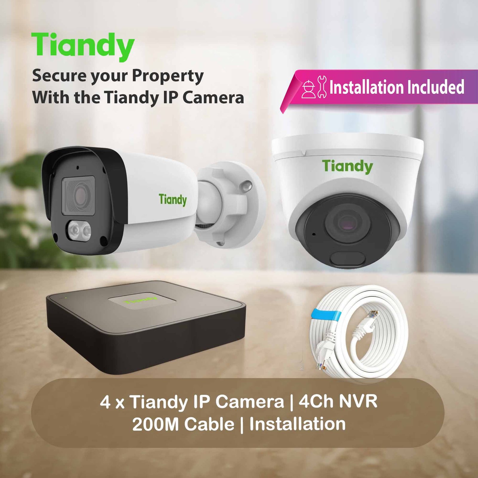 4 x Tiandy 2MP IP CCTV Camera with Installation I 4 Camera + NVR + Cat6 Cable I Offer Pack