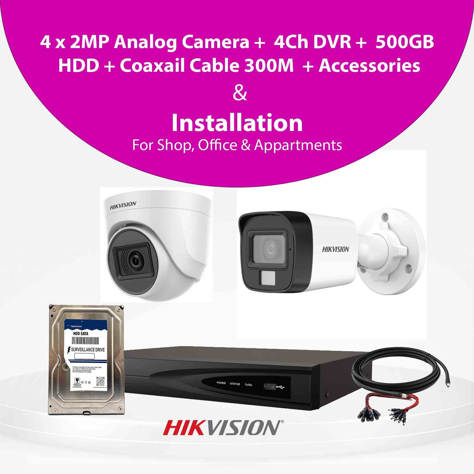 Hikvision 2MP Analog CCTV Camera With Installation for Office, Shop & Apartment | 4/8/16 Cameras