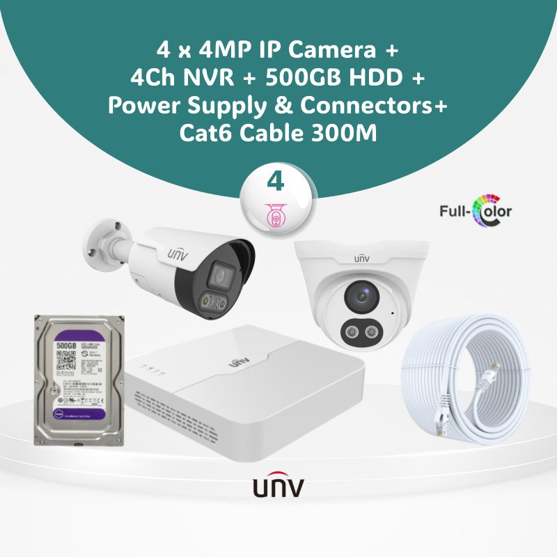4MP ColorView IP CCTV Camera Bundle - Hikvision, Dahua & UNV Bundles (4/8 Cameras) with NVR & Storage