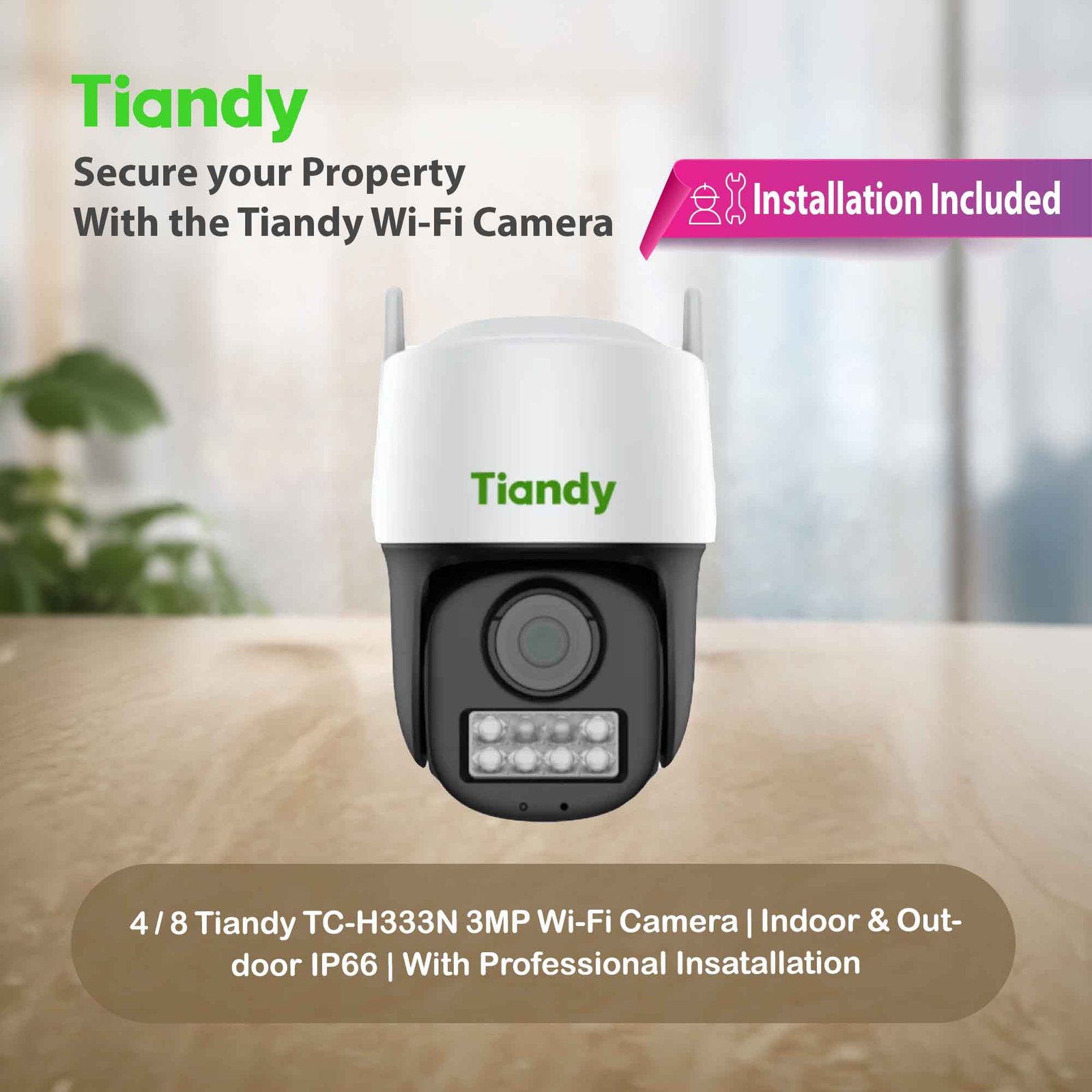 4 Cameras Bundle with Installation – Tiandy TC‑H333N 3MP Wi‑Fi | Outdoor IP66