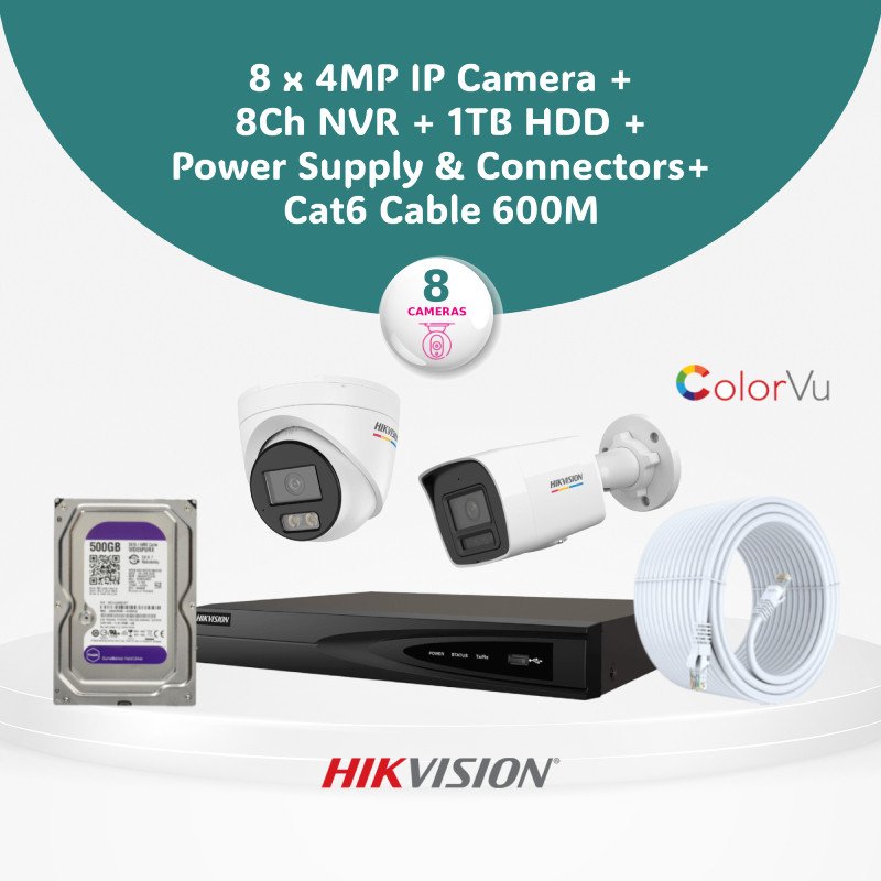4MP ColorView IP CCTV Camera Bundle - Hikvision, Dahua & UNV Bundles (4/8 Cameras) with NVR & Storage