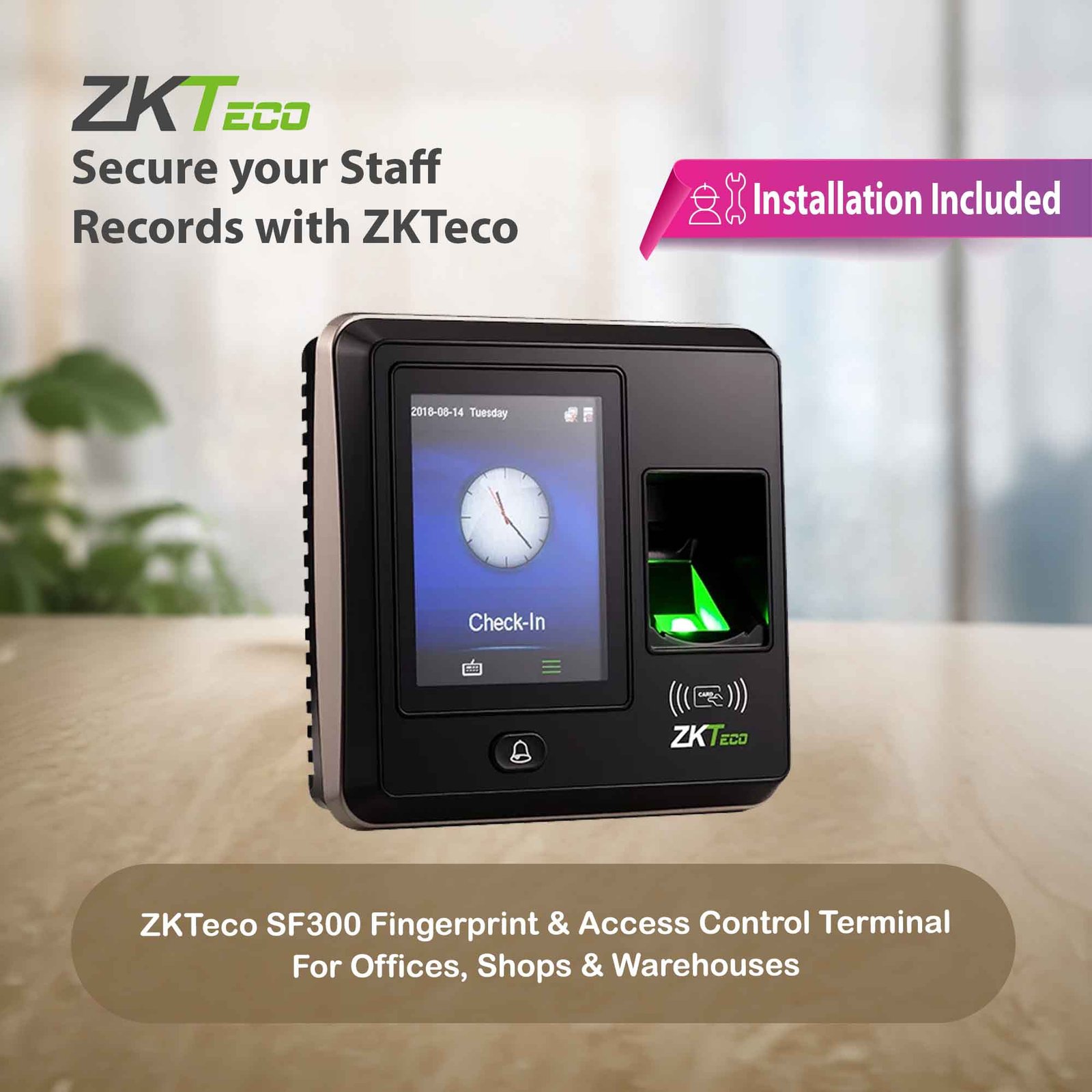Time Attendance System with Installation I ZKTeco SF300 Fingerprint & Access Control Terminal I Offices, Shops & Warehouses