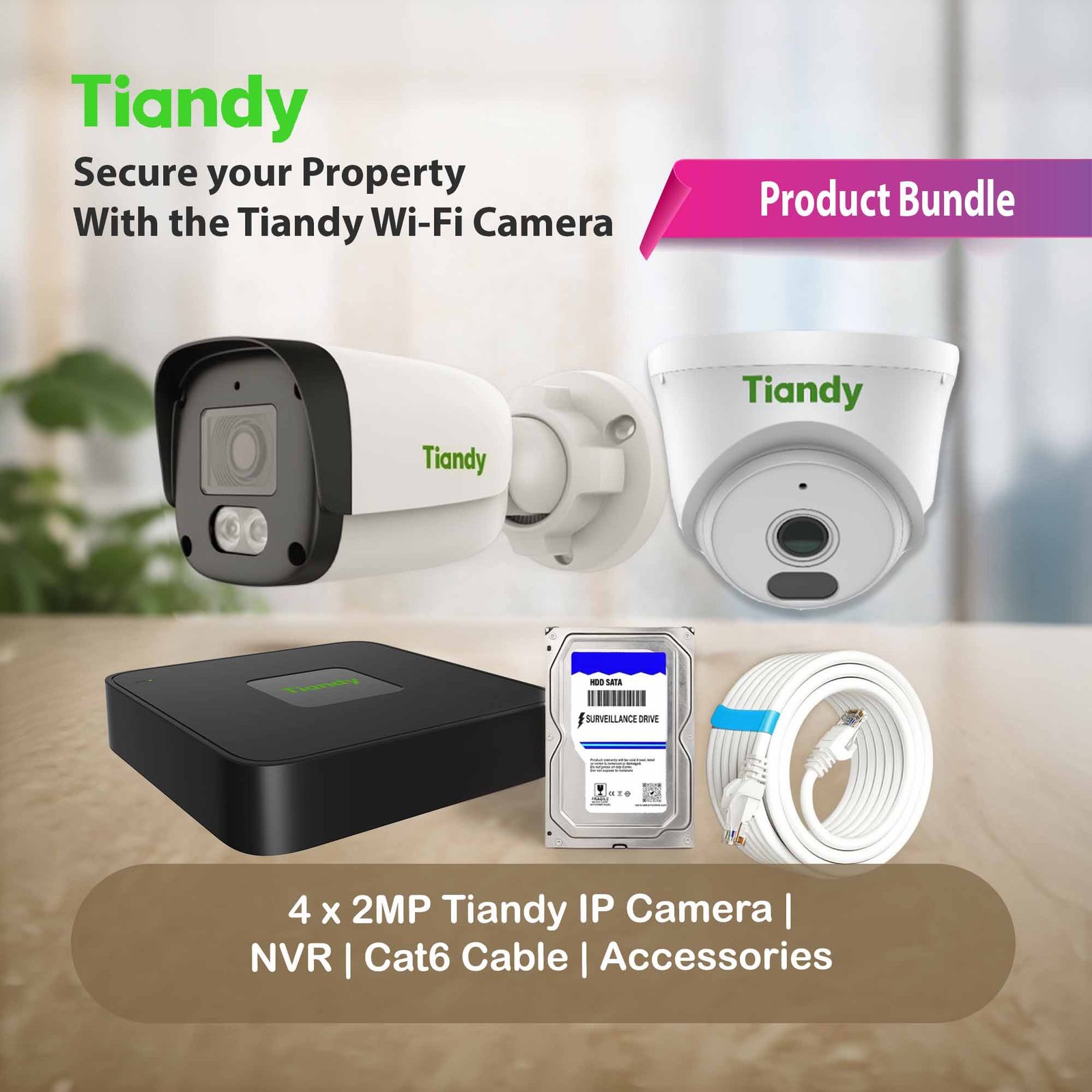 4 x Tiandy 2MP IP CCTV Camera Bundle I NVR, Cable & Accessories I Offer