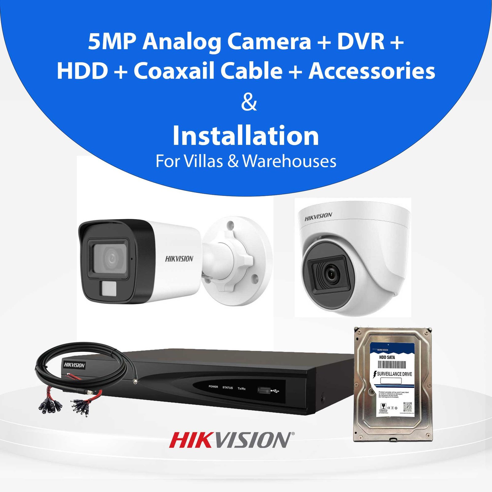 Hikvision 5MP Analog CCTV Camera With Installation Bundle I Villas & Warehouses I 4/8/16 Cameras