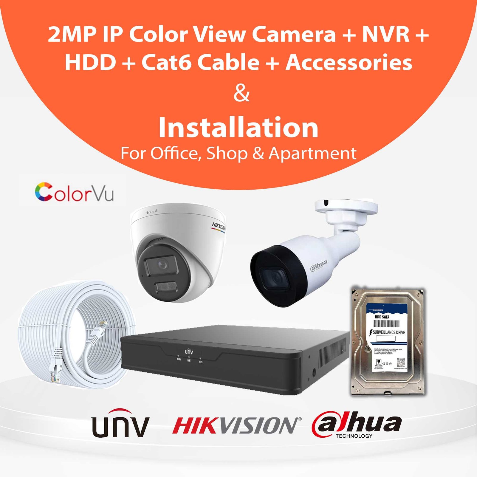2MP ColorVu IP CCTV Camera With Installation for Office, Shop & Apartment