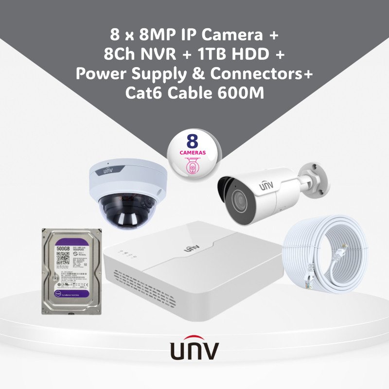 8MP (4K) IP CCTV Camera Bundle Pack I Hikvision / Dahua /UNV with 4/8 Cameras, NVR, Storage & CAT6 Cable